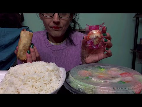 ASMR EATING SHRIMP Healthy VEGETABLES With WHITE RICE + crunchy egg roll - EATING SOUNDS 🍤🍚