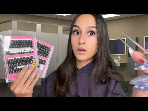 ASMR| NICE girl DOES your $10 EYELASH extensions in the BATHROOM??🤯