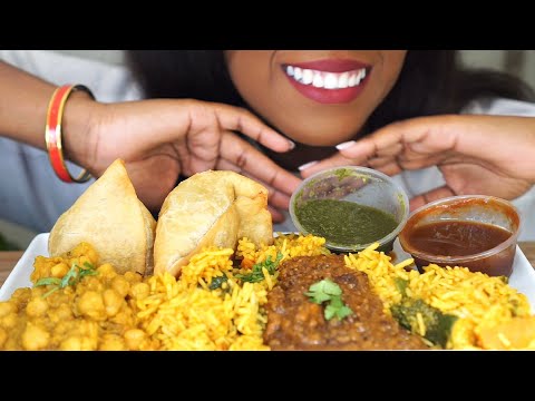 ASMR INDIAN FOOD (Eating Sounds) | Vegetable Biryani Daal Channa Masala Vegetable Samosas