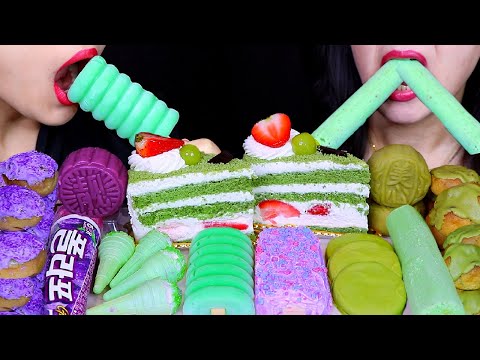 ASMR GREEN TEA CREAM CAKES, PURPLE LAVA MOONCAKE, CHOCOLATE CREAM PUFF, MARSHMALLOW CONE, ICE POP 먹방