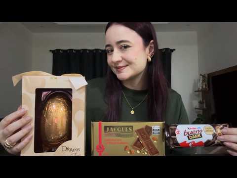 ASMR: PROVANDO OVO DE PÁSCOA CACAU SHOW, CHOCOLATE COM AVELÃ JACQUES E KINDER BUENO DARK