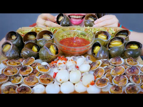 ASMR THAISAUCE APPLE SNAIL  BLOOD COCKLE  CUTTLEFISH , EATING SOUNDS | LINH-ASMR