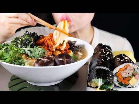 ASMR Kimchi Udon Noodles and Tuna Gimbap | Eating Sounds Mukbang No Talking