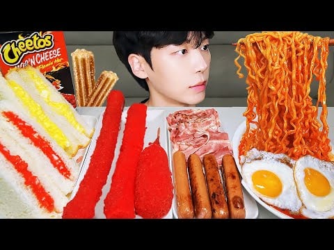 ASMR MUKBANG | 직접 만든 치즈 불닭볶음면 & 치토스 가래떡 튀김 핫도그 먹방 & 레시피 CHEETOS AND FIRE NOODLES EATING