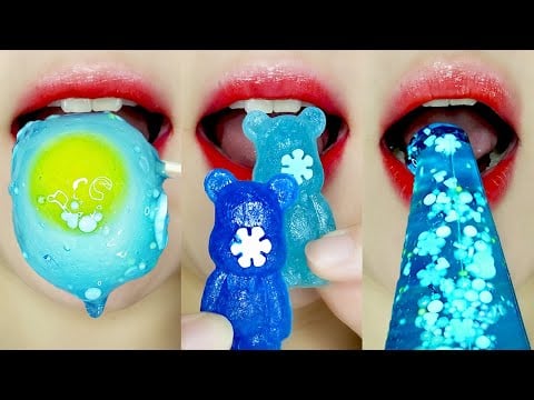 ASMR BLUE EMOJI FOODS MUKBANG💙 (Dino Egg, Teddy Bear Kohakuto, Honey Jelly, Wagashi, Marshmallow)