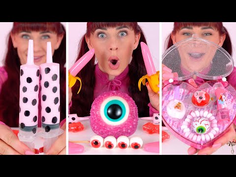 ASMR Pink Gummy Banana, Ice Cream, Barbie Candy Box, Jelly