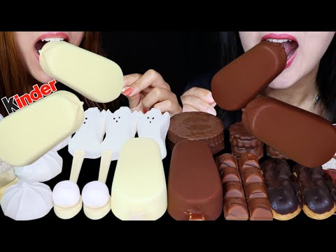 ASMR GIANT MILK & WHITE CHOCOLATE ICE CREAM BARS, CREAM PUFFS, CHOCOLATE SPOONS, KINDER BUENO 먹방