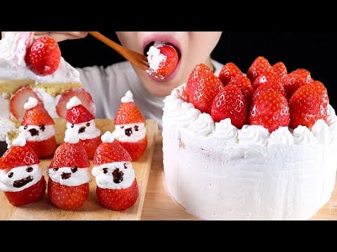 ASMR Homemade Strawberry Cake | Strawberries and Fresh Cream | Eating Sounds Mukbang No Talking