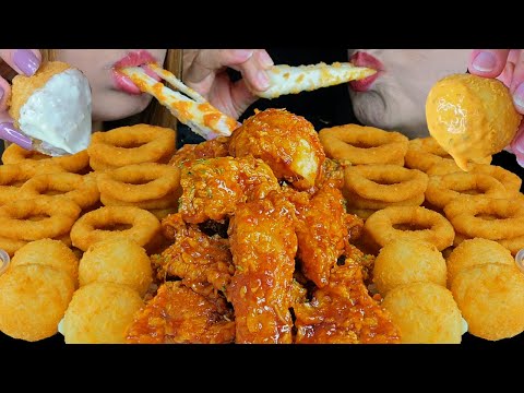 ASMR FRIED FOOD FEAST! MOCHI CHEESE BALLS, ONION RINGS, SPICY KOREAN FRIED CHICKEN 먹방