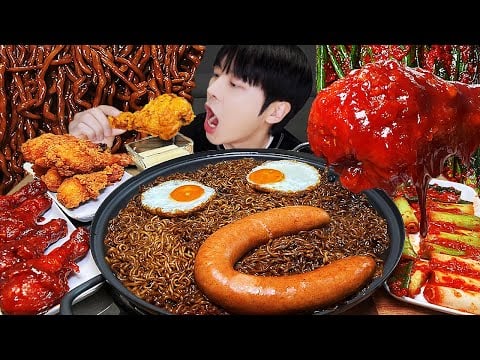 ASMR MUKBANG 직접 만든 양념 치킨먹방! 짜파게티 소세지 김치 레시피 & 먹방 BLACK BEAN NOODLES AND FRIED CHICKEN EATING SOUND!