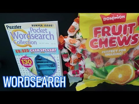 ASMR Wordsearch “Take A Dip” & Chewy Candy Eating Sounds, Whispering & Tummy Gurgles 🤦‍♀️