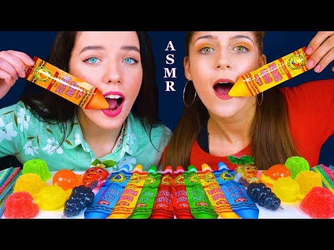 ASMR RAINBOW CANDY, CRAYON SOUR LIQUID CANDY, TIK TOK JELLY, FRUIT BELTS MUKBANG