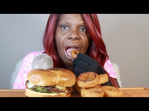 Denny's Bourbon Cheese Burger And Onion Rings ASMR Eating Sounds