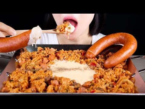 ASMR Creamy Kimchi Fried Rice with Kielbasa | No Talking Eating Sounds Mukbang