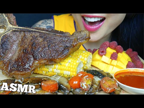 ASMR T-BONE STEAK + PORTOBELLO MUSHROOMS CORN MANGO RASPBERRY (EATING SOUNDS) NO TALKING | SAS-ASMR