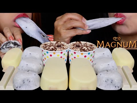 ASMR BLACK SESAME CREAM DAIFUKU MOCHI, WHITE CHOCOLATE MAGNUM ICE CREAM BARS, KITKATS, CAKE CUPS 먹방
