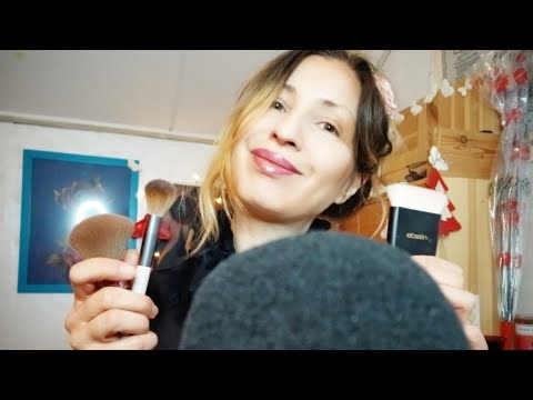 ASMR | Soft face brushes testing + lipstick | Rain sound ambient