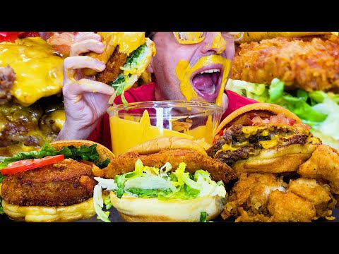 ASMR SHAKE SHACK BURGERS + FRIED CHICKEN + CHEESE SAUCE * MUKBANG NO TALKING *