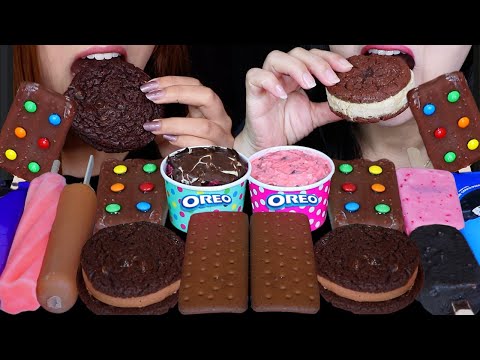 ASMR ICE CREAM PARTY! GIANT CHOCOLATE ICE CREAM SANDWICHES, M&MS BAR, OREO, STRAWBERRY, NOUGAT 먹방