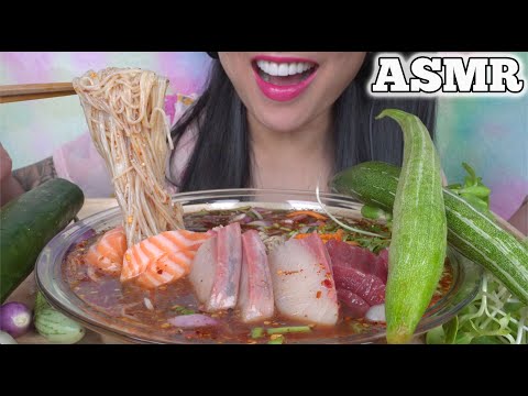 ASMR SALMON + TUNA + HAMACHI SASHIMI SPICY THAI NOODLE SALAD (EATING SOUNDS) NO TALKING | SAS-ASMR