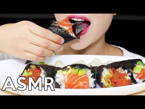 ASMR SALMON & FISH EGG Temaki (Hand Roll SUSHI) 연어회&날치알 데마끼 리얼사운드 먹방 Eating Sounds