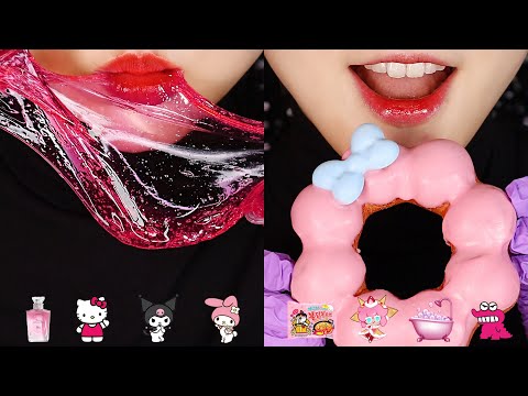 EMOJI FOOD CHALLENGE ASMR KITTY DONUT, PINK FOOD MUKBANG 🎀
