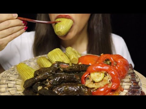 ASMR DOLMA MAHSHI SARMA STUFFED GRAPELEAVES ZUCCHINI BELLPEPPER MUKBANG #asmr #mukbang #dolma #sarma