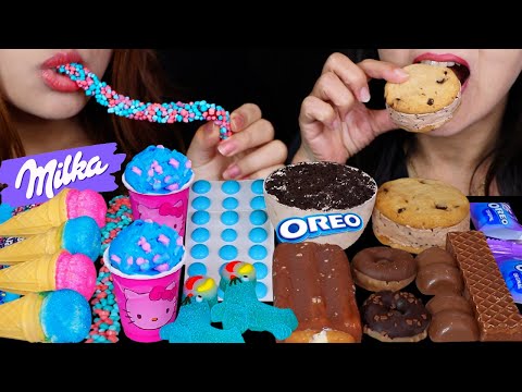 ASMR HELLO KITTY BLUE ICE CREAM, MILKA OREO MINIS, CHOCOLATE DONUTS, COTTON CANDY MARSHMALLOWS 먹방