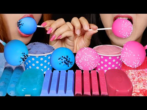ASMR BLUE VS PINK SPRINKLE CAKE POPS, KITKATS, FROG EGG JELLY SHOOTERS, ICE CREAM SUNDAE 먹방