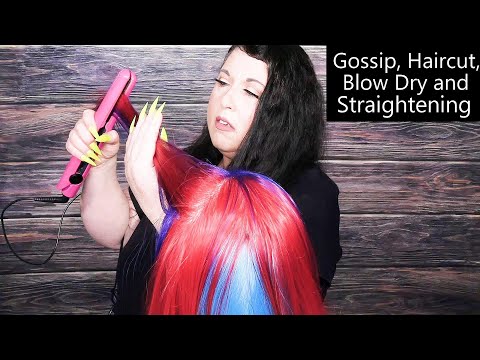 ASMR Haircut, Gossip, Blow Dry, Straightening (Lots of Whispering, Real Hair, Hair Dryer, Brushing)