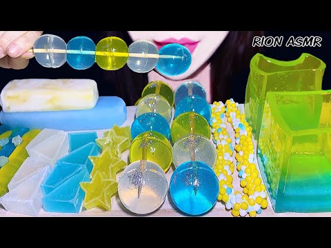 ASMR MUKBANG 먹방 咀嚼音 食べる音 EATINGSOUNDS CLEAR BLUE YELLOW DESSERTS KOHAKUTO EDIBLE CUP NERDS ROPE