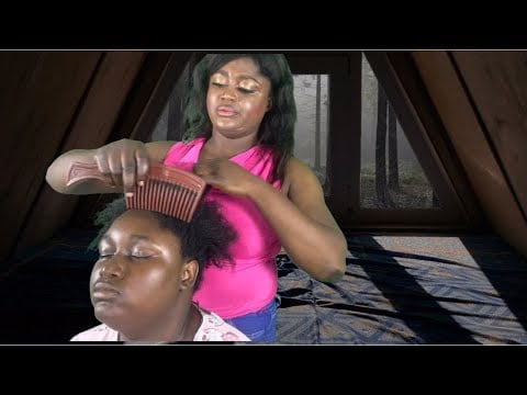 ASMR✨ i gave my sister a scalp and hair massage in a cozy room under the rain with gum cracking.