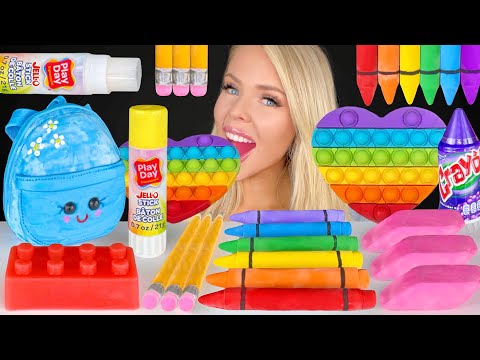 ASMR SCHOOL SUPPLIES, POP IT, CHOCOLATE CRAYON, JELLY STICK, BACKPACK CAKE MUKBANG 먹방