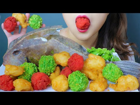 ASMR 3 COLOR OF DEEP FRIED BOX FISH X HOT CHEETOS X GREEN RICE , CRUNCHY EATING SOUND| LINH-ASMR