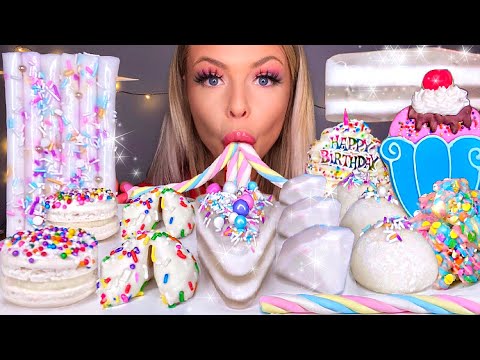 ASMR *BIRTHDAY CAKE* MOCHI ICE CREAM, EDIBLE DIAMONDS, MACARONS, JELLY CAKE JELLY NOODLES MUKBANG 먹방