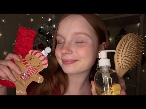 ASMR Christmas Sleepover 🎀🎄🎁❄️ (skin care, hair brushing, hot cocoa) 