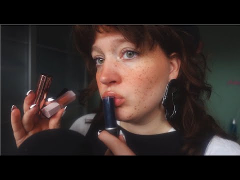 ASMR lipgloss and lipstick try-on and ramble (mouth sounds, make up sounds)