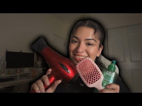 ASMR| Drying your hair after a shower- blow dryer off, spraying & brushing sounds