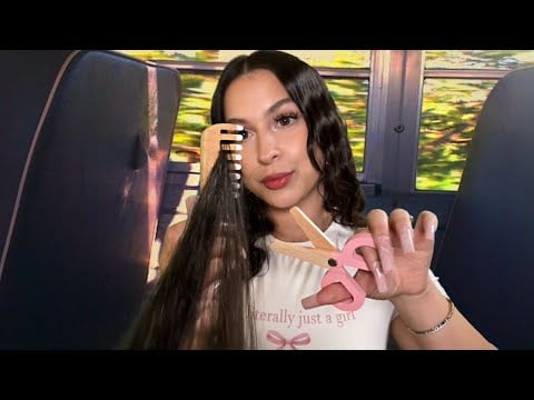 ASMR $5 “Makeup, Haircut, Hair straightening” on the school bus (u get scammed🥲) wooden items🪵