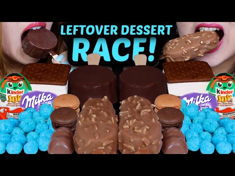 ASMR LEFTOVER DESSERT RACE! MILKA OREO CHOCOLATE, KINDER JOY EGGS, COTTON CANDY BALLS, ICE CREAM 먹방