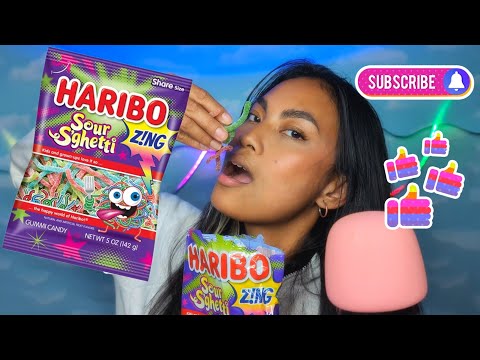 ASMR Trying Haribo Sour S'ghetti Gummies , Chewing Eating Sounds