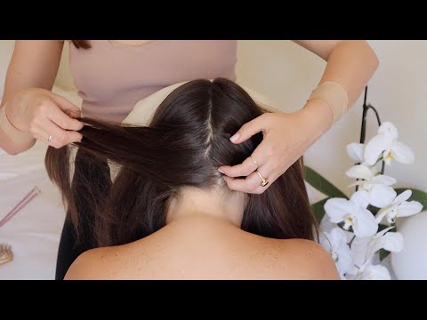 ASMR | Hair parting, gentle pulling, hair brushing, scalp scratch, back scratch on Emily (whisper)