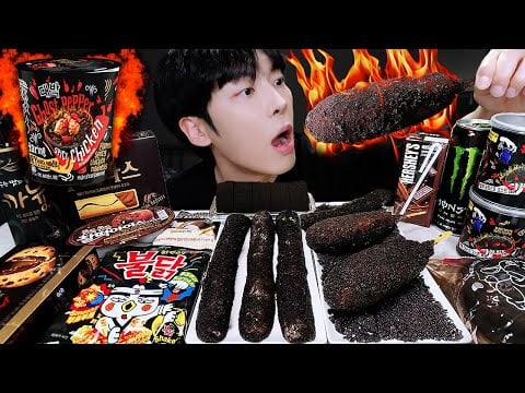 ASMR MUKBANG | 고스트 페퍼 대왕 가래떡 튀김 핫도그 불닭 블랙 음식 먹방 & 레시피 FIRE Ghost Pepper Tteokbokki