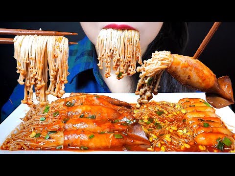 ASMR EATING SQUID STUFFED WITH ENOKI MUSHROOM AND CHEESE RICE CAKE EATING SOUNDS LINH ASMR