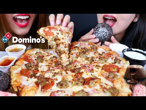 ASMR CHEESY DOMINOS MEATZZA PIZZA + CHOCOLATE LAVA CAKES 리얼사운드 먹방 | Kim&Liz ASMR