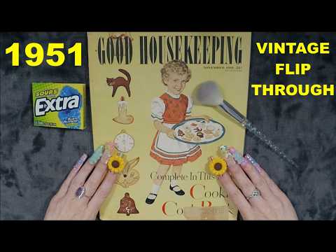 ASMR Vintage 1951 Magazine Flip Through with Gum Chewing | Good Housekeeping Whispered Page Turning