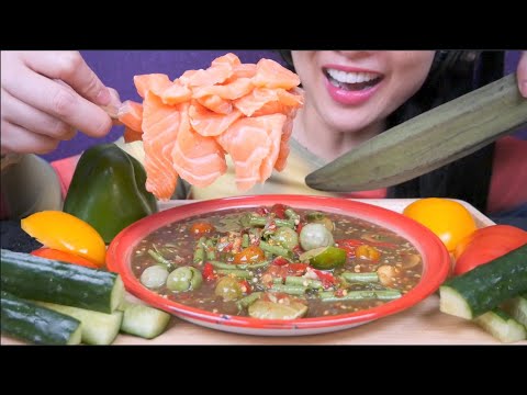 SALMON SASHIMI SPICY WAY IS THE ONLY + FRESH VEGGIES (ASMR EATING SOUNDS) NO TALKING | SAS-ASMR