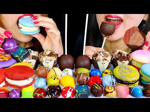 ASMR DARK CHOCOLATE MOUSSE POPS, EDIBLE CAKE CUPS, CHOCOLATE TRUFFLES, MACARONS 먹방 | Kim&Liz ASMR