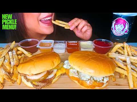 ASMR WENDY’S NEW DILL PICKLE CHICKEN SANDWICH & SHAKER FRIES + DOUBLE STACK (NO TALKING)