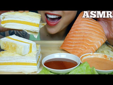 ASMR SALMON SASHIMI SLAB FIRE SAUCE SPICY MAYO MANGO CREPE CAKE (EATING SOUND) NO TALKING | SAS-ASMR